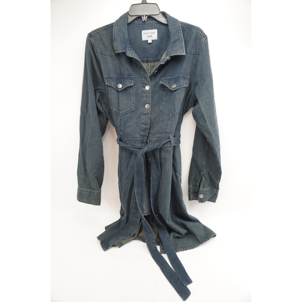 Velvet‎ Heart Denim Shirt Dress Belted Long Sleeve Button Front Dark Wash Size L